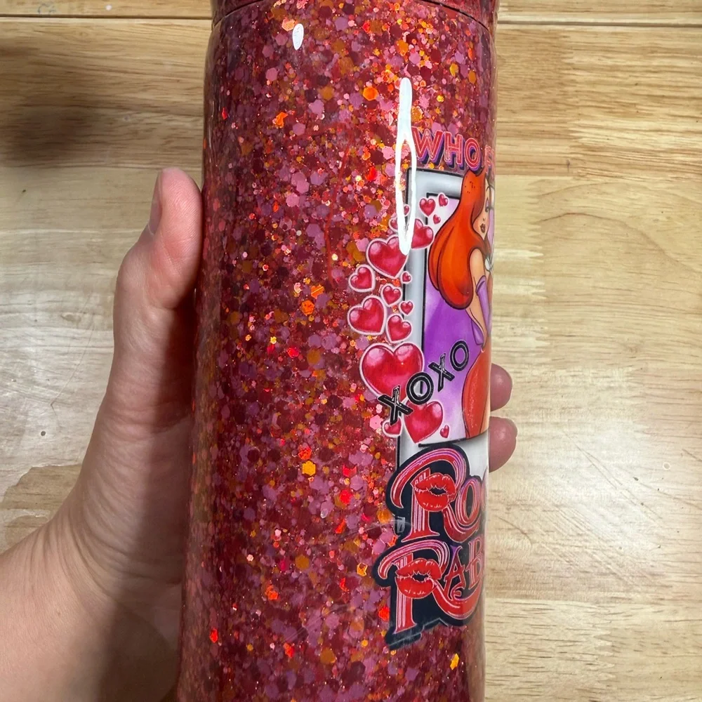 Handmade Sequins Red Who Framed Roger Rabbit Skinny Can Cooler Tumbler Cup - Picture 5 of 9